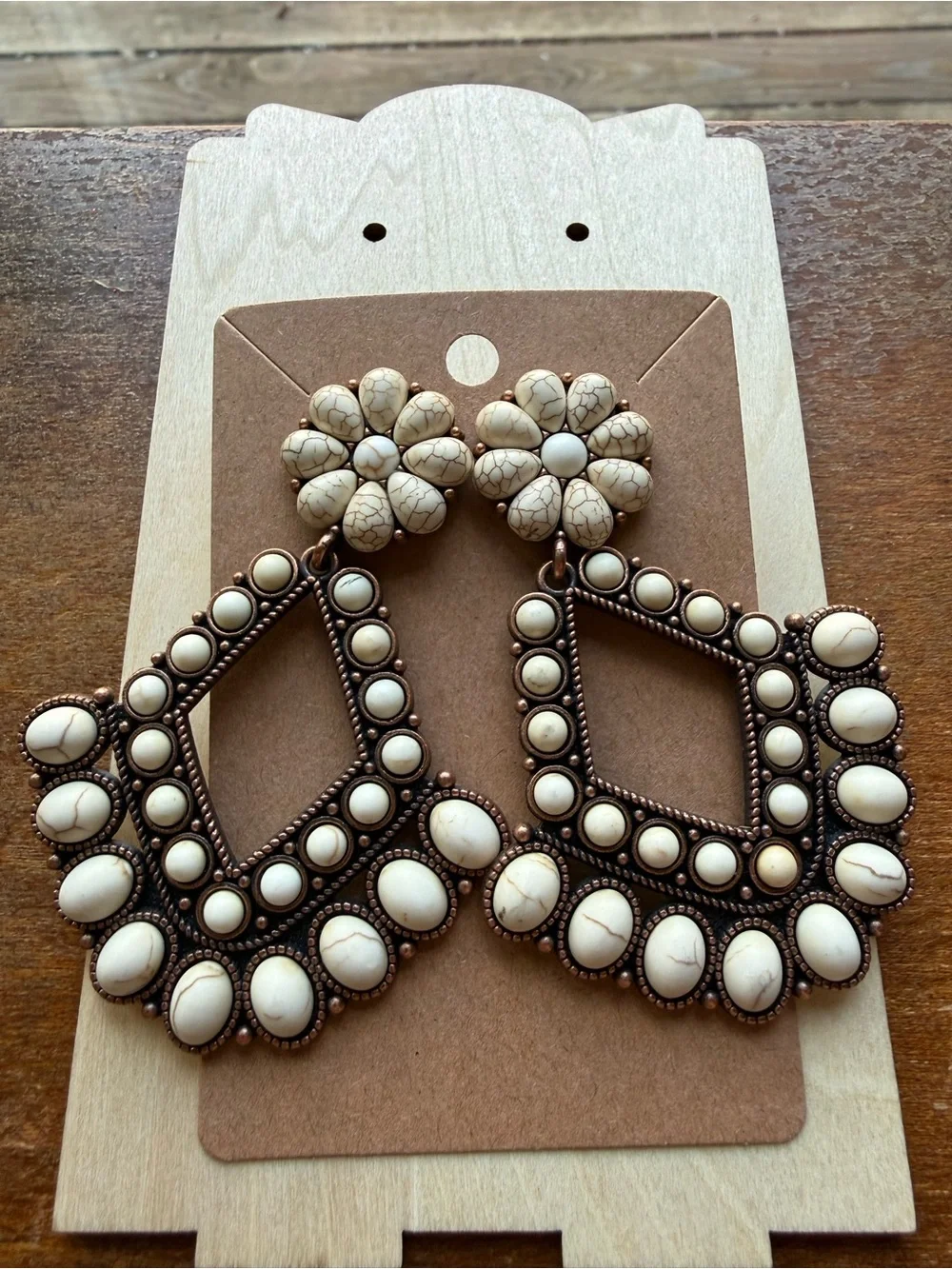 Boho Cream Stone Floral Drop Earrings - Picture 3 of 3
